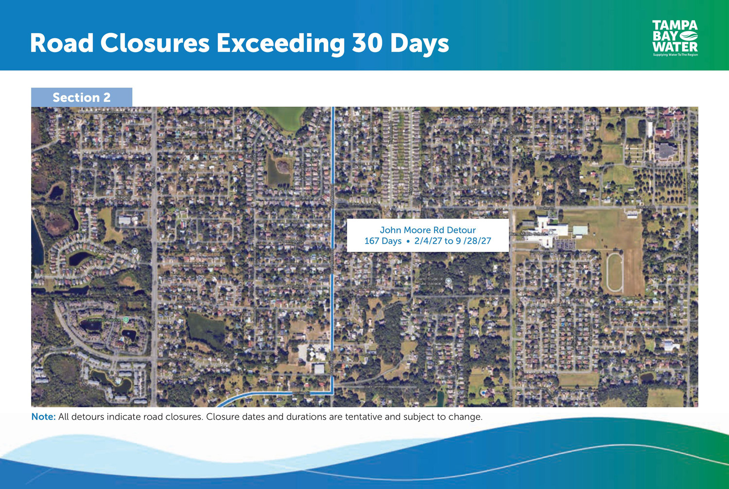 Board 11 - The graphic shows that the planned road closure and detour for John Moore Road will begin February 4, 2027 and end September 28, 2027. Closure dates and durations are tentative and subject to change.