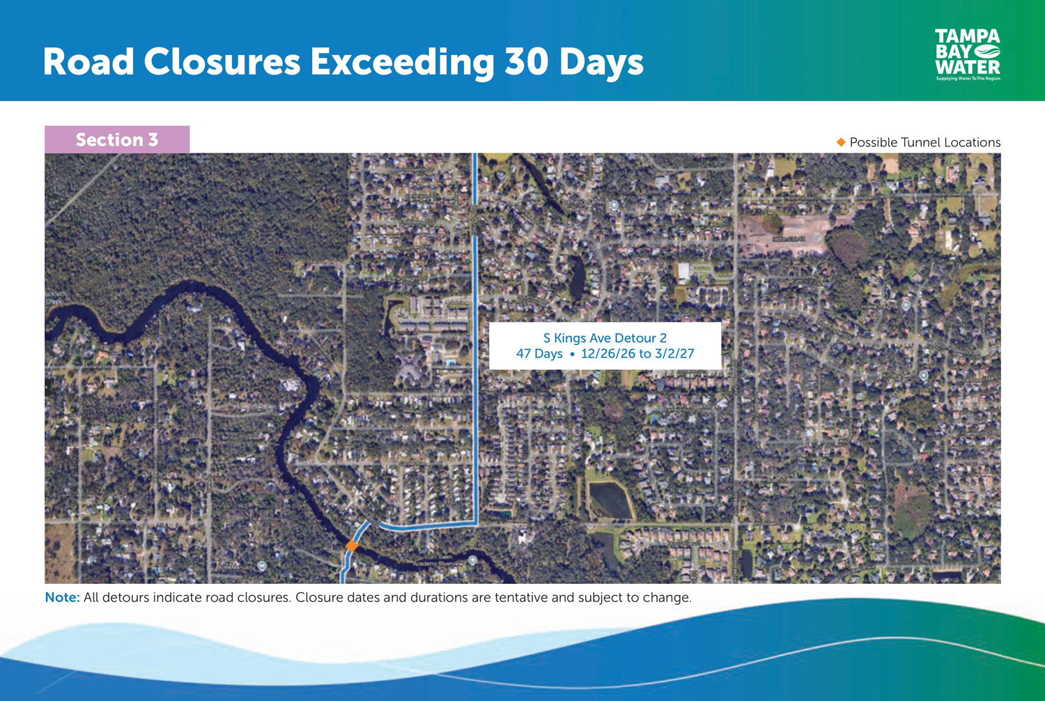 Board 13 - The graphic shows that the planned road closure and second detour for South Kings Avenue will begin December 26, 2026 and end March 2, 2027. Closure dates and durations are tentative and subject to change.