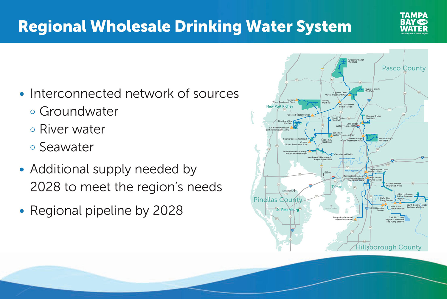 Board 3 - Tampa Bay Water’s regional wholesale drinking water system spans from Pasco County in the north to Hillsborough County in the south and includes a wellfield that straddles Pinellas and Hillsborough counties.