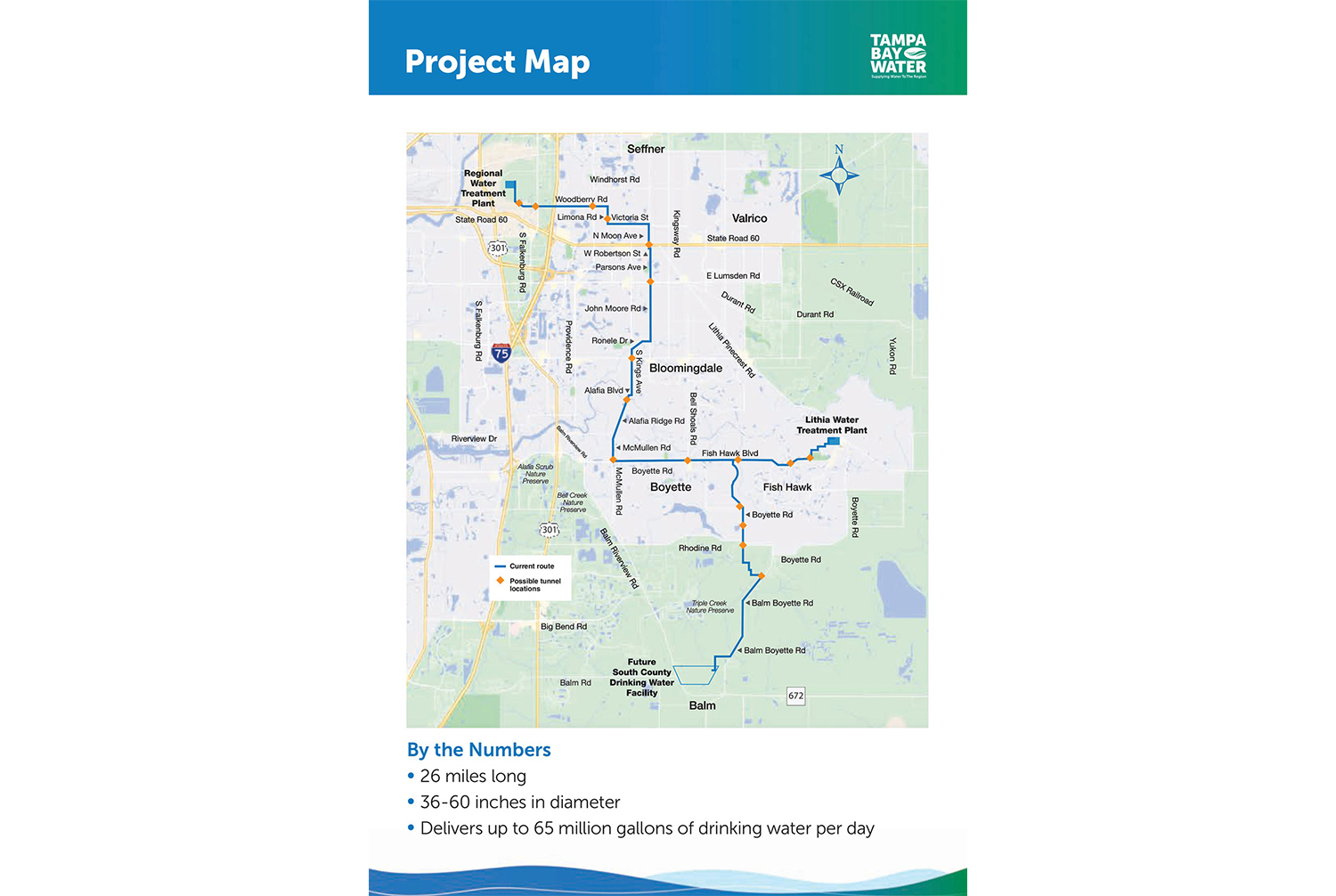 Board 5 - This graphic is a full map of the 26-mile South Hillsborough Pipeline, starting at the Regional Water Treatment Plant in Brandon and ending at a future South County Drinking Water Facility planned for Balm. The map also shows 17 tunnel locations, where the pipeline will go under a roadway, river or railroad tracks.