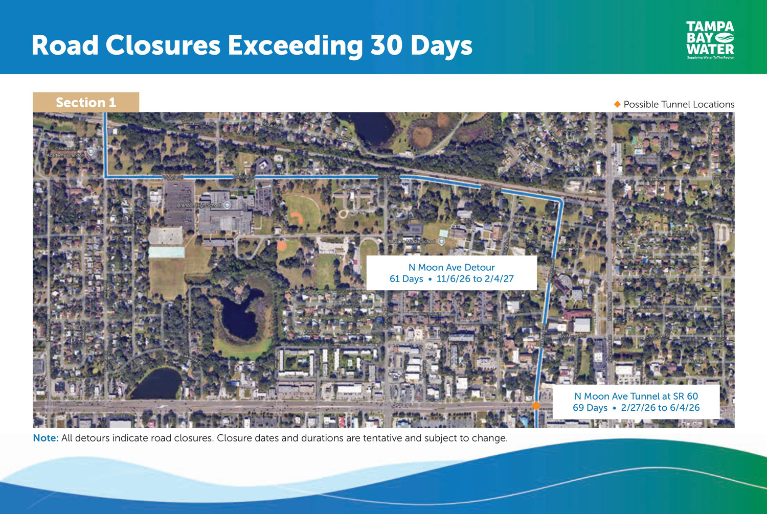 Board 8 - The graphic shows that the planned road closure and detour for North Moon Avenue will run from November 6, 2026 through February 4, 2027. The North Moon Avenue tunnel at State Road 60 will begin on February 27, 2026 and end June 4, 2026. Closure dates and durations are tentative and subject to change.