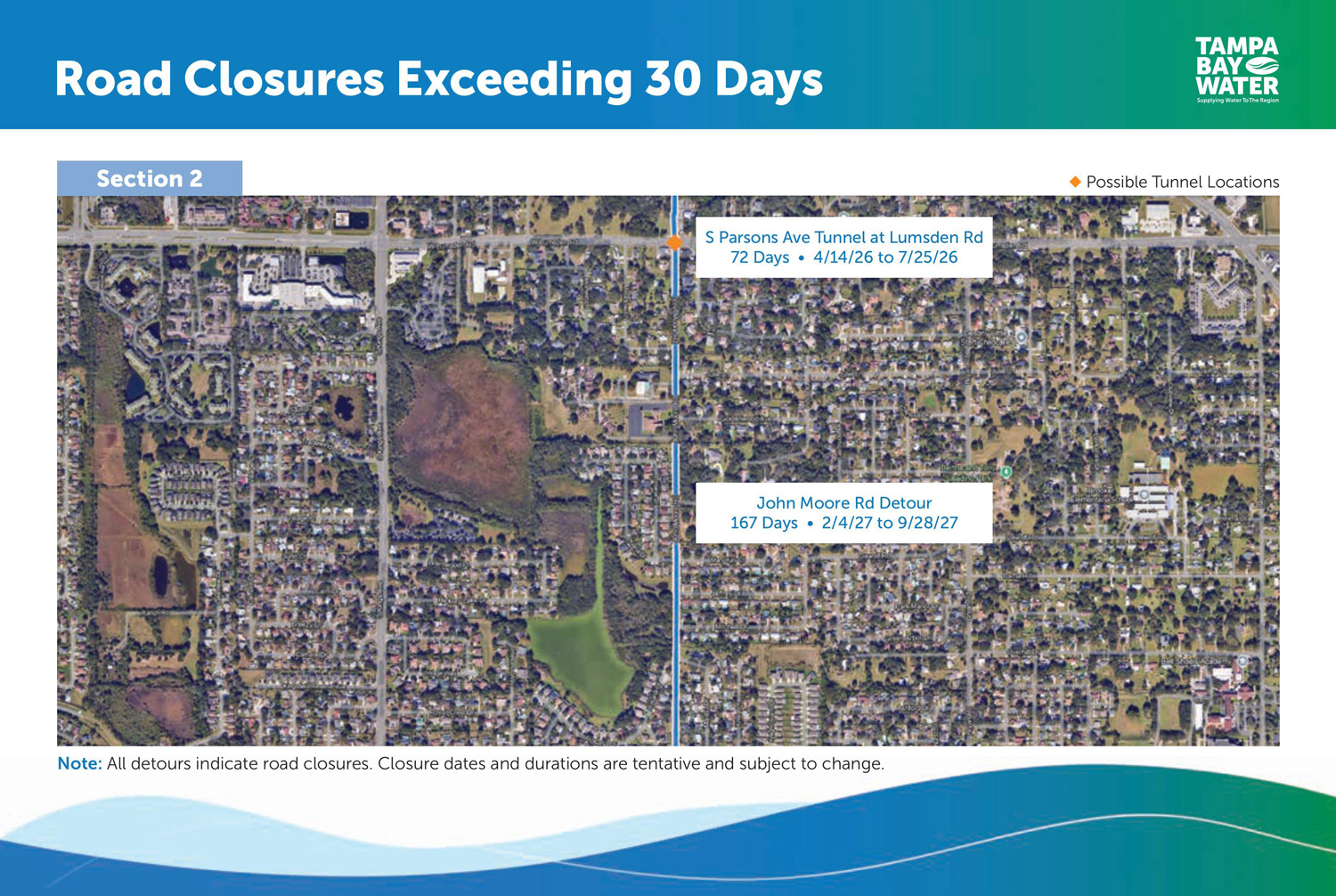 Board 10 - The graphic shows that the planned road closure and detour for the S. Parsons Avenue tunnel at Lumsden Road will begin on April 14, 2026 and end July 25, 2026. The John Moore Road detour will begin February 4, 2027 and end September 28, 2027. Closure dates and durations are tentative and subject to change.