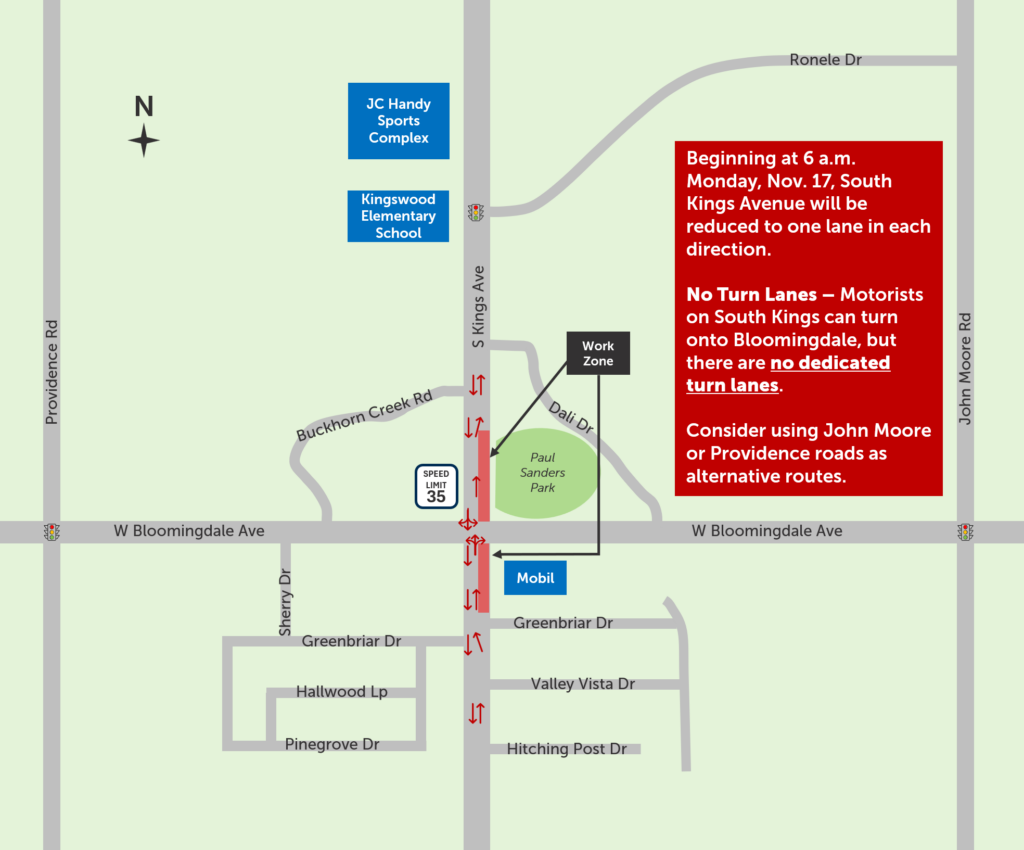 This map shows the intersection of West Bloomingdale Avenue and South Kings Avenue. Beginning Monday, Nov. 17, 2025, South Kings Avenue will be reduced to one lane in each direction. Motorists can turn onto Bloomindale but there are no dedicated turn lanes. Through-traffic may consider using John Moore or Providence roads as alternative routes.