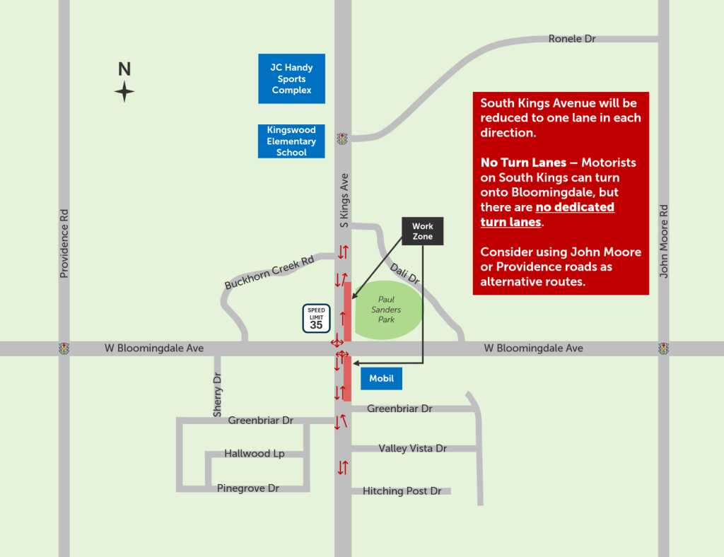 This map shows the intersection of West Bloomingdale Avenue and South Kings Avenue. Beginning Monday, Nov. 17, 2025, South Kings Avenue will be reduced to one lane in each direction. Motorists can turn onto Bloomindale but there are no dedicated turn lanes. Through-traffic may consider using John Moore or Providence roads as alternative routes.