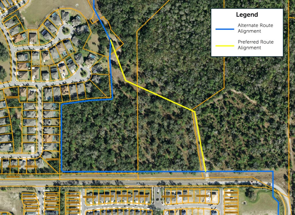 Map showing the preferred route alignment through the Fishhawk Ranch Community Development District which will follow an unpaved trail within a construction easement to cross the easement south to Boyette Road.