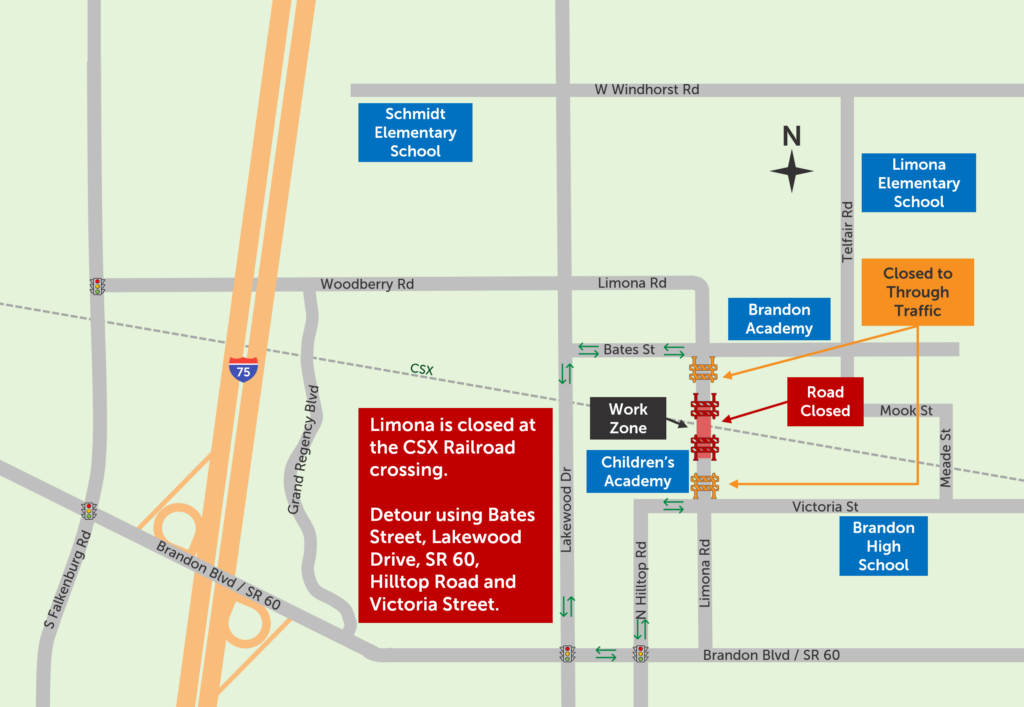 Limona Road is closed at the railroad crossing for South Hillsborough Pipeline construction.