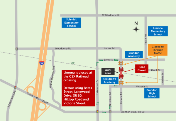 Limona Road is closed at the railroad crossing for South Hillsborough Pipeline construction.