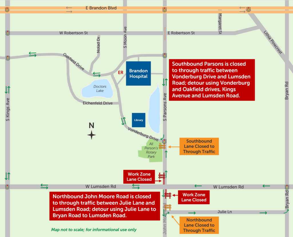 Map showing detours around the tunneling work at South Parsons Avenue/John Moore Road and Lumsden Road.