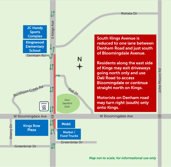Map showing Kings Avenue being reduced to one lane in each direction from Denham Road to south of Bloomingdale