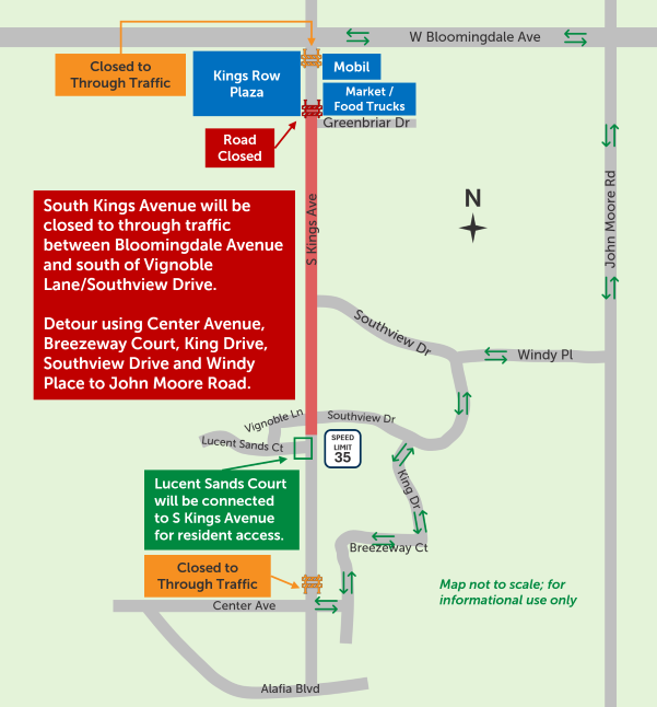 South Kings Avenue closed to through traffic from Center Avenue to Bloomingdale Avenue starting March 12, 2026. Follow the detour to John Moore Road to Windy Place, Southview Drive, King Drive, Breezeway Court to Center Avenue. Through traffic traveling north on South Kings Avenue south of Greenbriar Drive will be detoured at Center Avenue. A 35-mile-per-hour speed limit will be in effect.