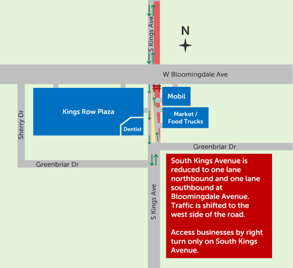 South Kings Avenue is reduced to one lane northbound and one lane southbound at Bloomingdale Avenue. Traffic is shifted to the west side of the road.