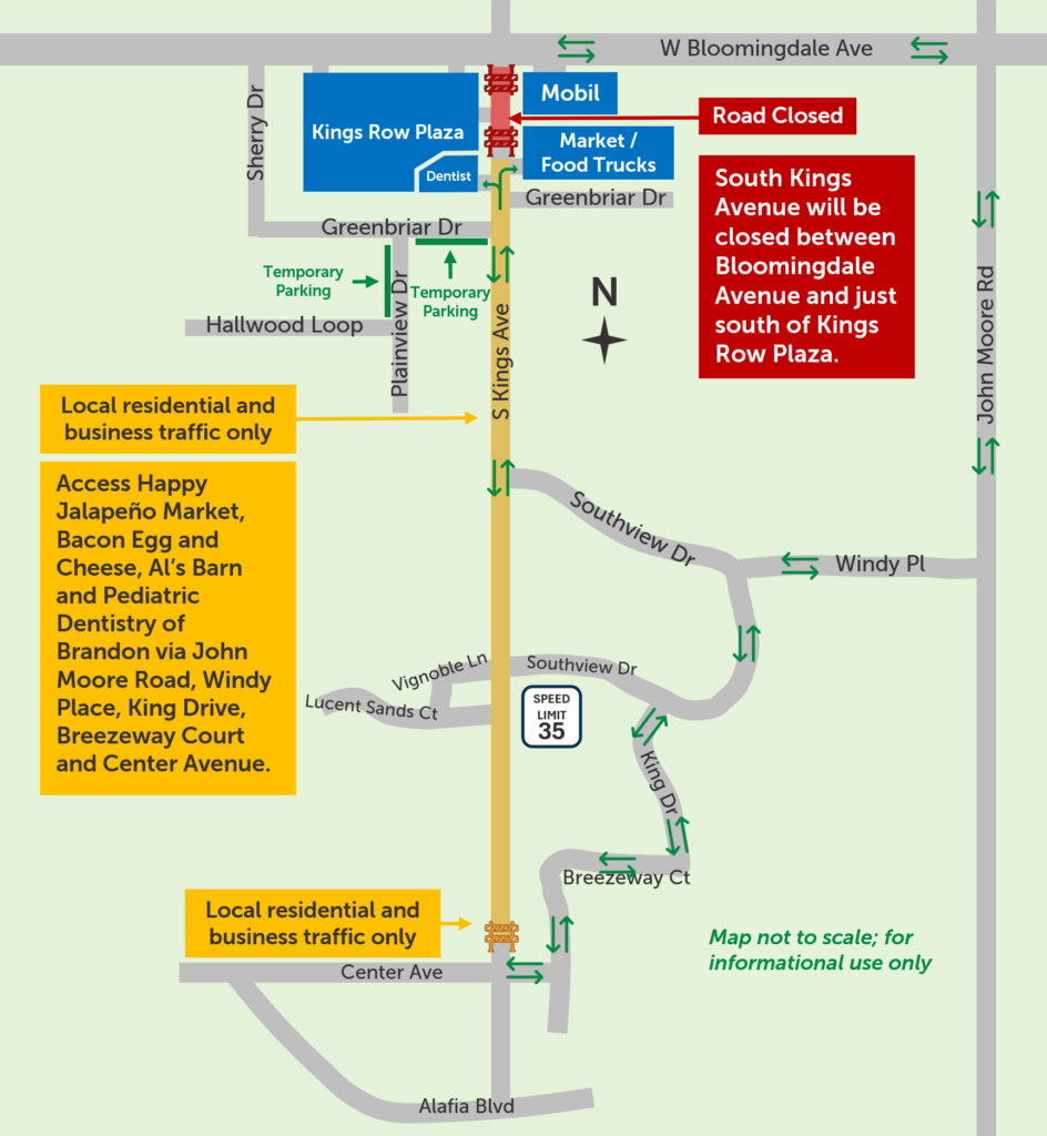 Map showing South Kings Avenue will be closed between Bloomingdale Avenue and just south of Kings Row Plaza
