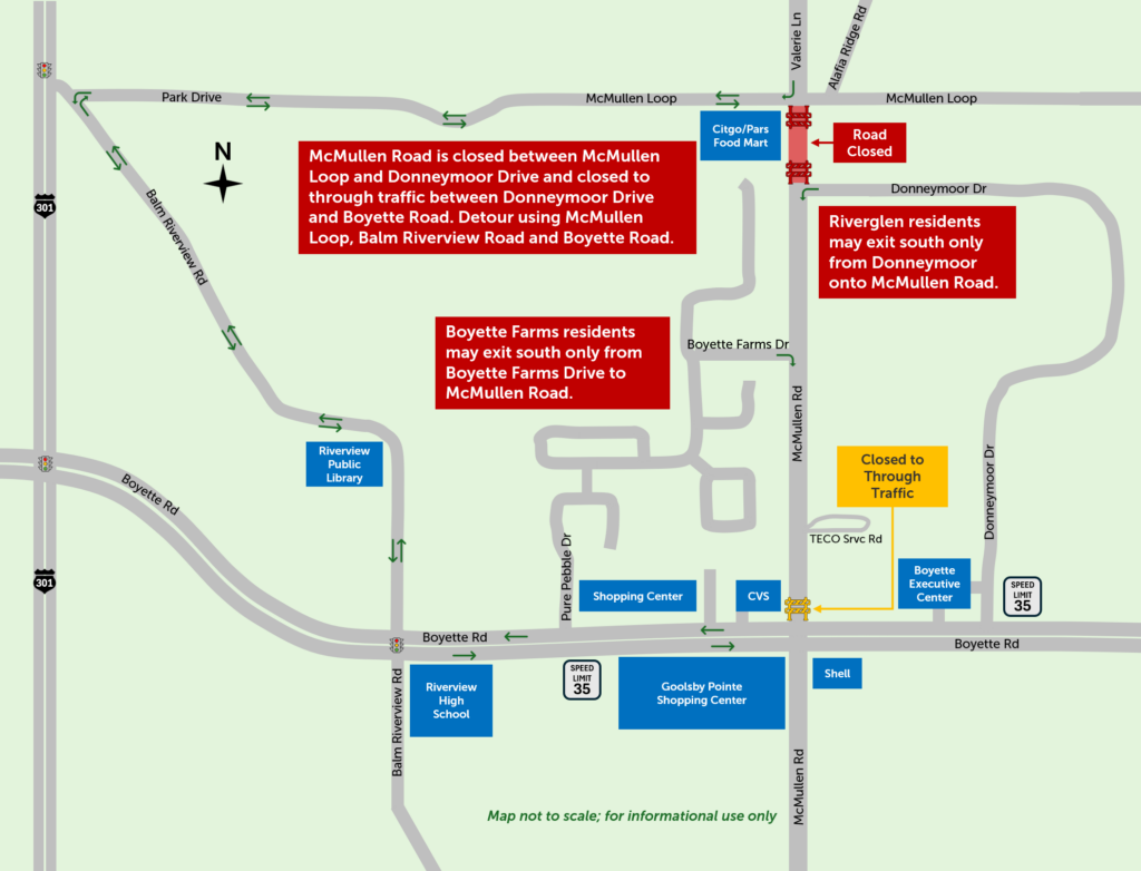 McMullen Road is closed between McMullen Loop and Donneymoor Drive.