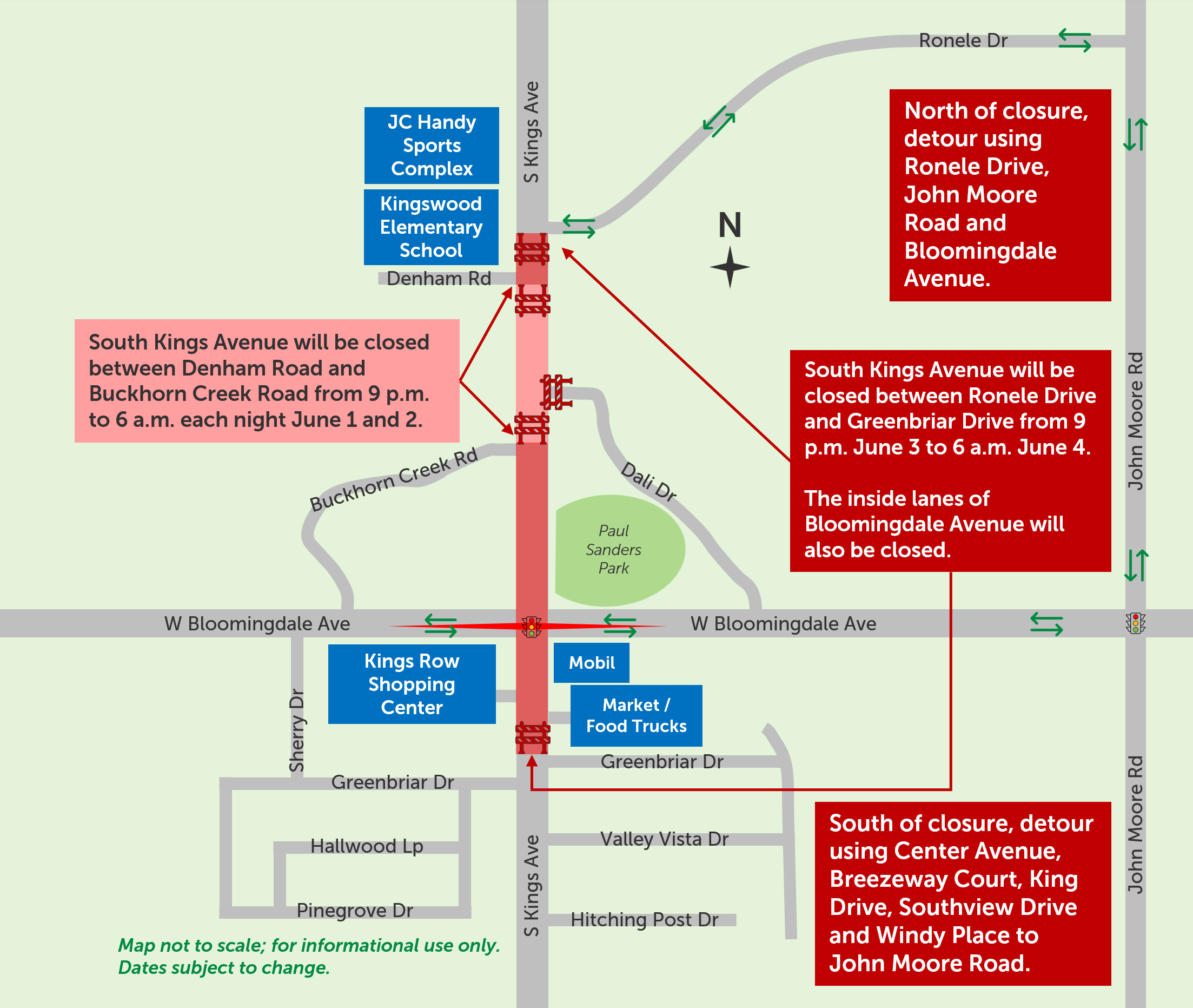 This map shows South Kings Avenue at Bloomindale Avenue. Dali Drive is currently closed. South Kings Avenue will be closed between Denham Road and Buckhorn Creek Road from 9 p.m. to 6 a.m. on June 1 and 2. From 9 p.m. June 3 to 6 a.m. June 4, the closure on South Kings extends from Greenbriar Drive to Ronele Drive. Interior lanes of Bloomingdale Avenue will also be closed.