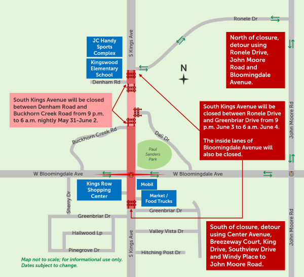 This map shows a road closure on South Kings Avenue in Brandon. South Kings Avenue will be closed between Denham Road and Buckhorn Creek from 9 p.m. to 6 a.m. nightly May 31-June 1, and will be closed between Ronele Drive and Greenbriar Drive from 9 p.m. June 3 to 6 a.m. June 4.