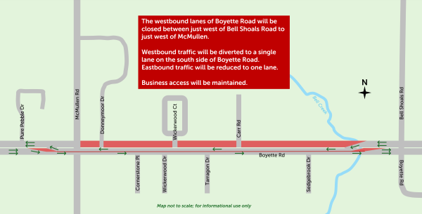 The westbound lanes of Boyette will be closed between just west of Bell Shoals Road to just west of McMullen