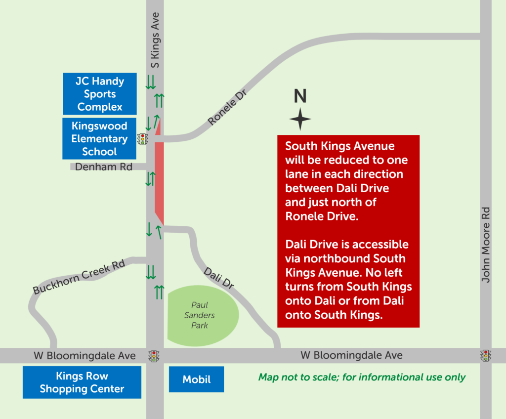 S Kings Avenue will be reduced to one lane in each direction between Dali Drive and just north of Ronele Drive.