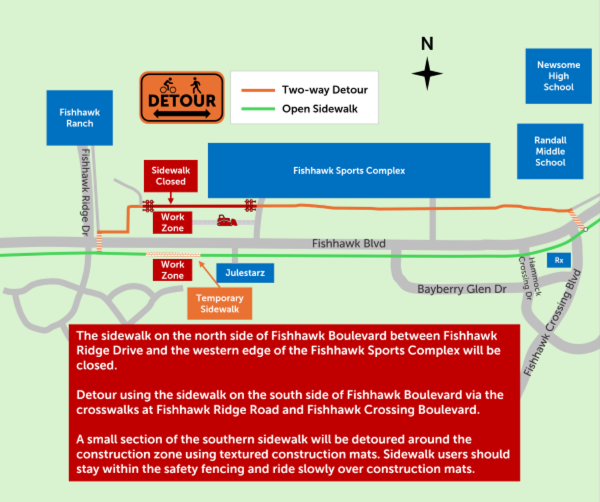 The sidewalk on the north side of Fishhawk Boulevard is now closed between Fishhawk Ridge Drive and the western edge of the Fishhawk Sports Complex