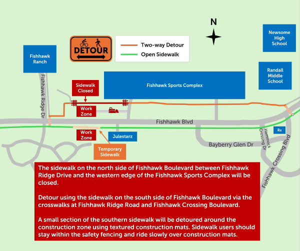 The sidewalk on the north side of Fishhawk Boulevard between Fishhawk Ridge Drive and the western edge of the Fishhawk Sports Complex will be closed.