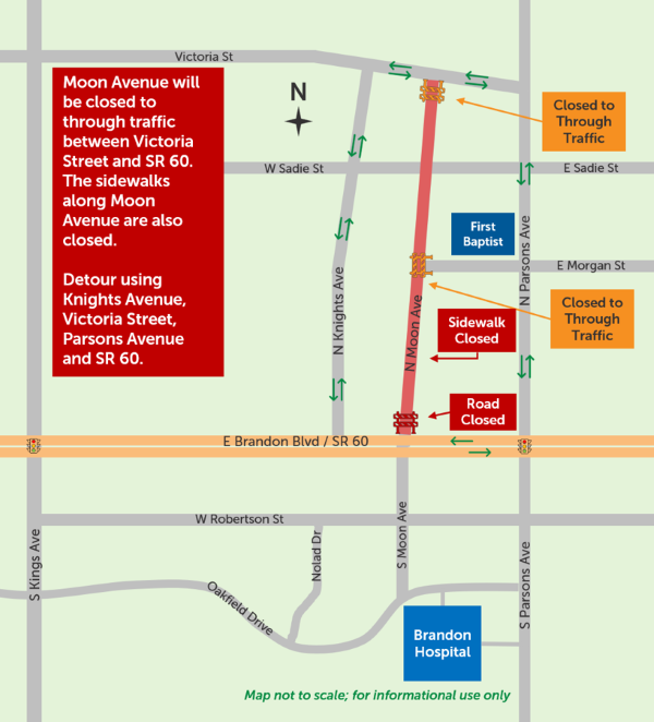 Moon Avenue will be closed to through traffic between Victoria St. and Brandon Boulevard. Sidewalks will also be closed. Detour using Knights Ave., Victoria St., Parsons Ave and Brandon Blvd.