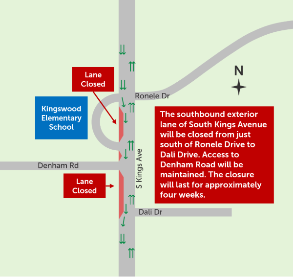 The southbound exterior lane of S Kings Avenue will be closed between Ronele Drive and Dali Drive for four weeks.